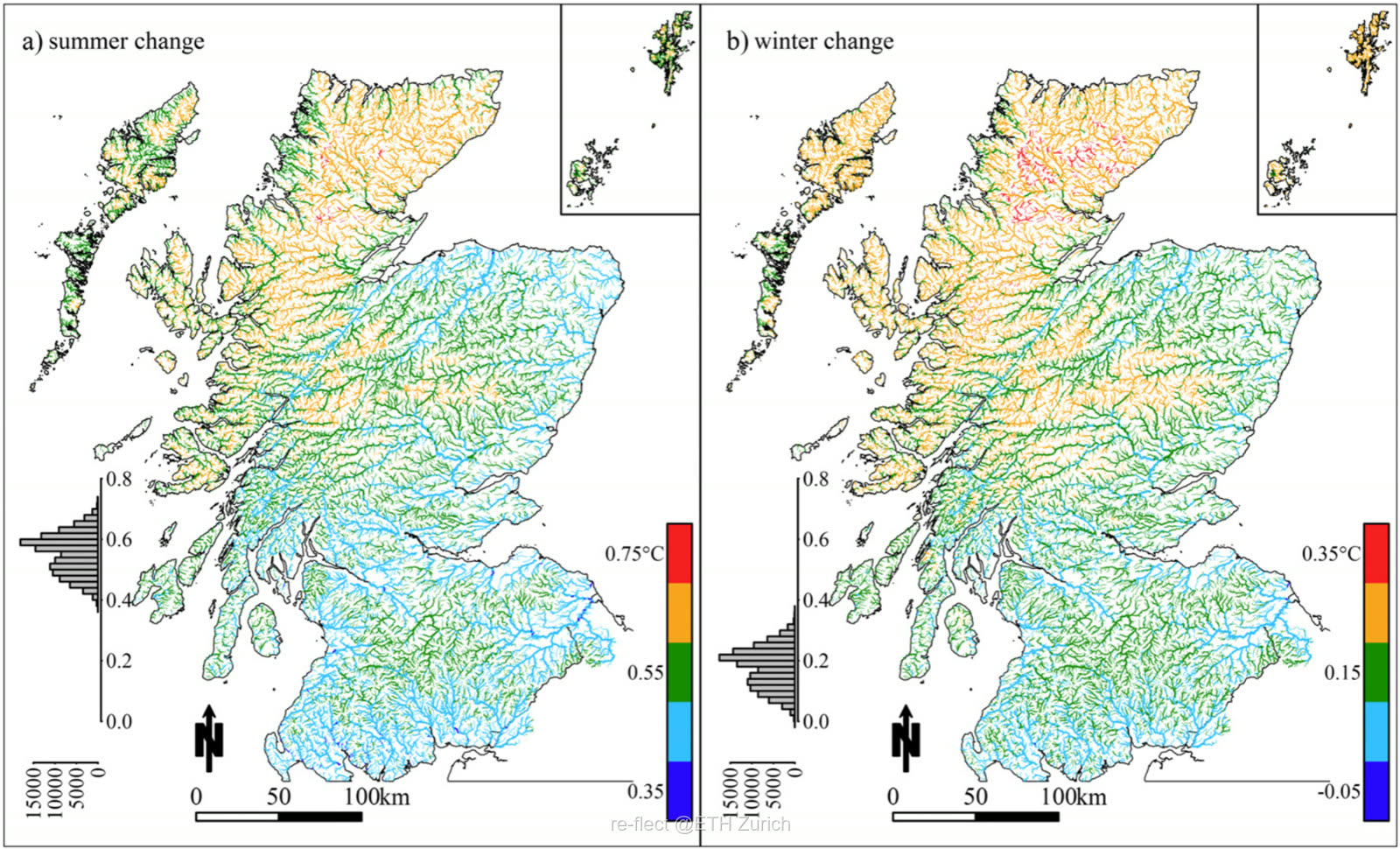 Two maps of Scotland showing predicted summer and winter river-temperature change under climate warming