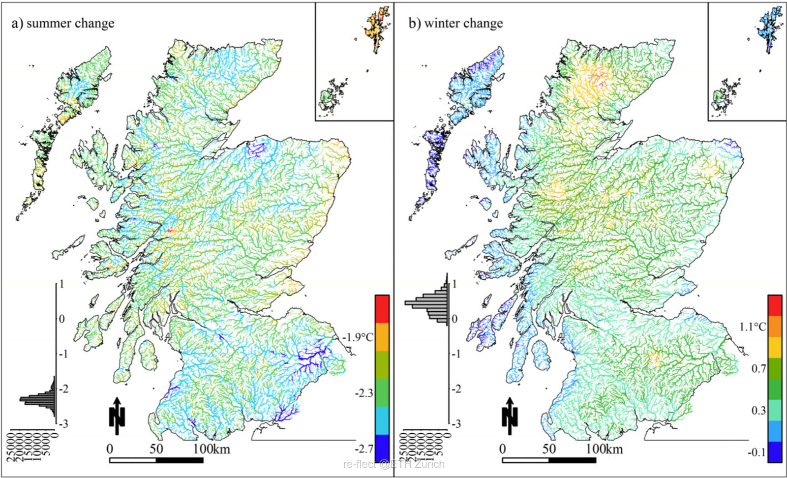 Two maps of Scotland showing the modelled effect of riparian shading on summer and winter river temperatures