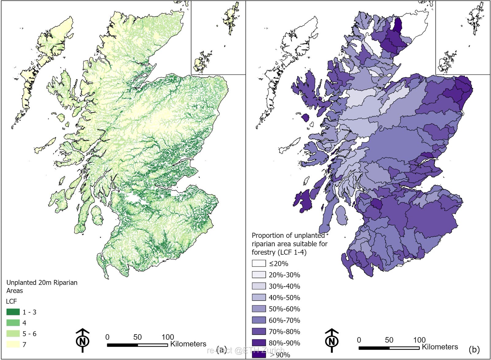 Two maps of Scotland: (a) Land Capability for Forestry classification of unplanted 20 m riparian areas, and (b) proportion of unplanted riparian area suitable for forestry (LCF 1–4)
