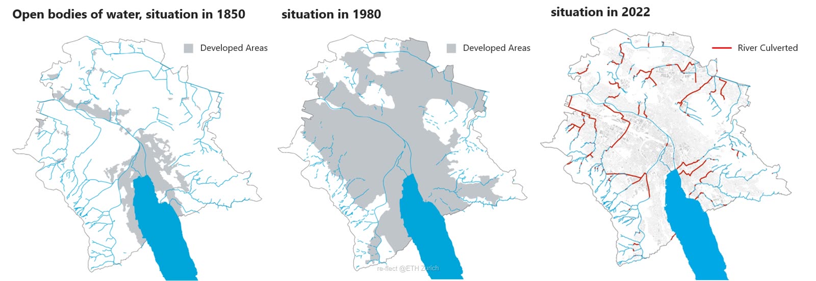 Three maps of Zurich's open water bodies in 1850, 1980 and 2022, with rivers now culverted marked in red